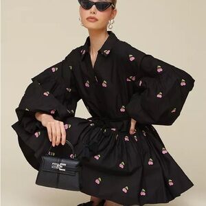 Avec Les Filles Black Mini Dress with Pink Cherry Print